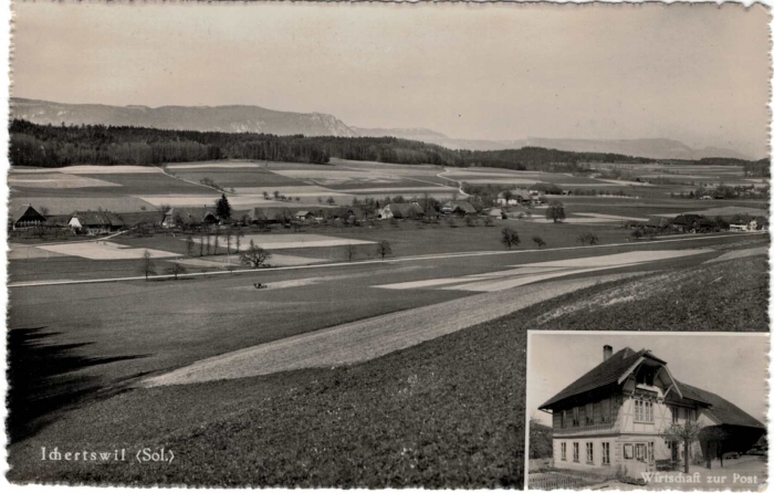 <p>Ichertswil 2 Bildkarte Totalansicht und Wirtschaft Restaurant zur Post , Top Zustand , Ansicht von 1939 ,</p>